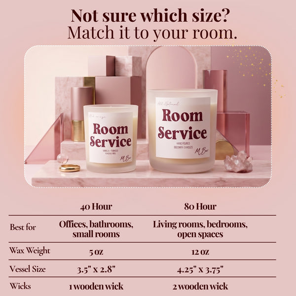 Room Service beeswax candle size guide comparing 40 and 80 hour