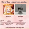 An informational comparison graphic about two candle types: Beeswax and Paraffin. The top text reads, 'One of these is made from gasoline.