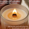 A close-up of a lit candle in a frosted glass jar with a wick that resembles a small flame, surrounded by warm cream wax. White text overlays describe the scent and feeling of the candle.