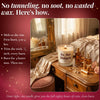 A promotional graphic for a scented candle with the text 'No tunneling, no soot, no wasted wax. Here's how.