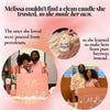 A pink promotional graphic with text and three circular photos about making candles. The headline reads, 'Melissa couldn't find a clean candle she trusted, so she made her own.