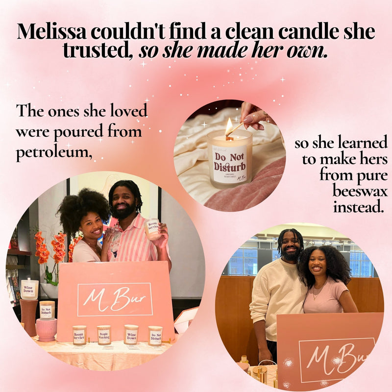 A pink promotional graphic with text and three circular photos about making candles. The headline reads, 'Melissa couldn't find a clean candle she trusted, so she made her own.