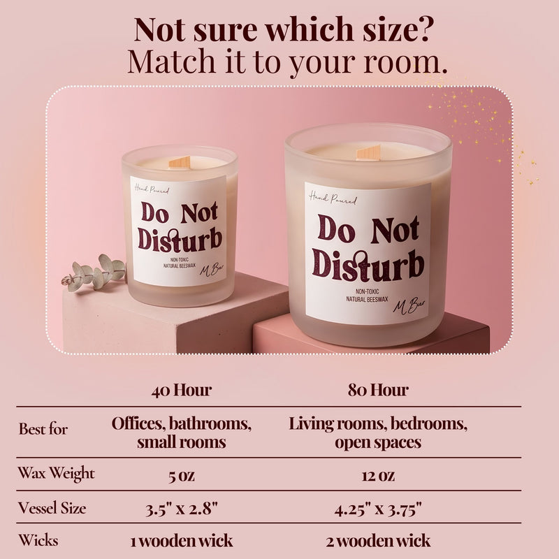 A product information graphic for the Hand Poured 'Do Not Disturb' scented candle. The top half shows two sizes of the frosted glass candle on pink blocks against a pink background.