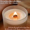 Lit beeswax candle with crackling wooden wick in frosted glass