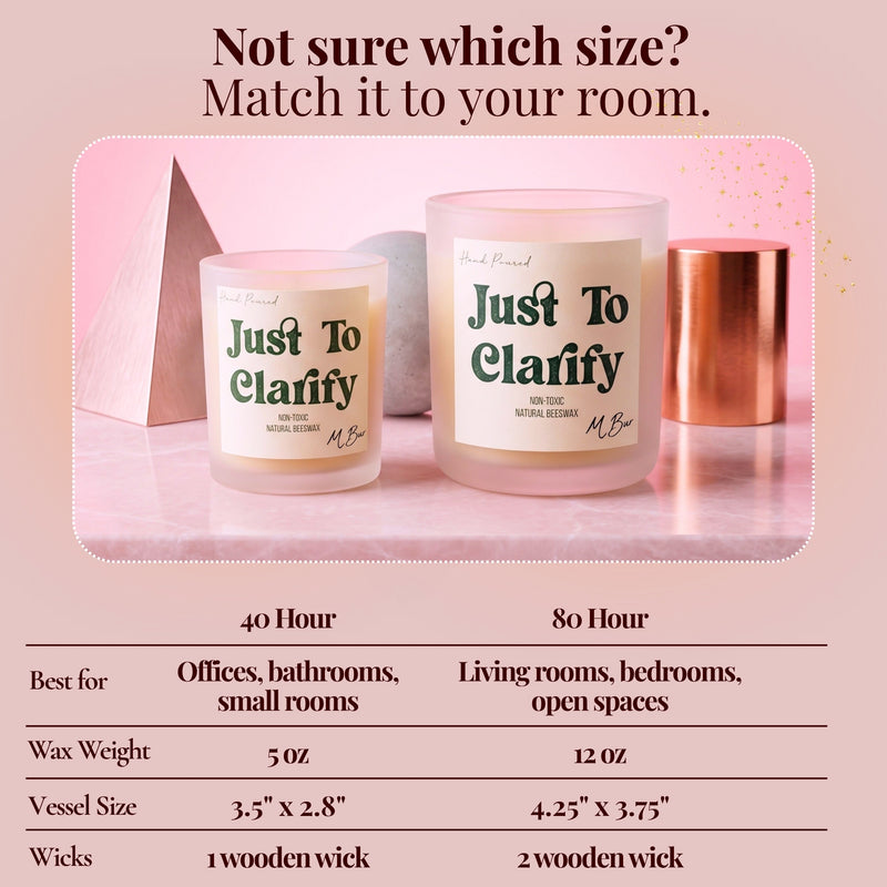 Two frosted Just to Clarify beeswax candles size comparison chart