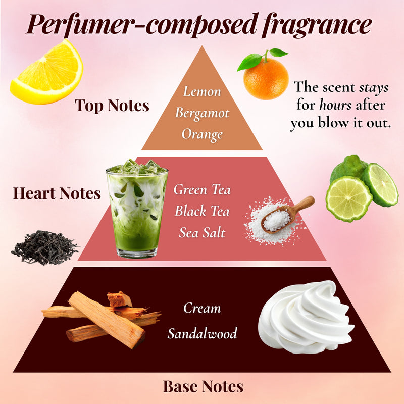 Fragrance pyramid infographic showing citrus tea and sandalwood scent notes