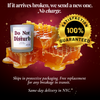 Infographic: free replacement guarantee for beeswax candle shipped in protective packaging