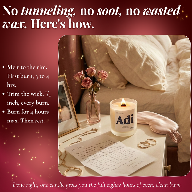 Lit Adi beeswax candle with wooden wick on nightstand with roses