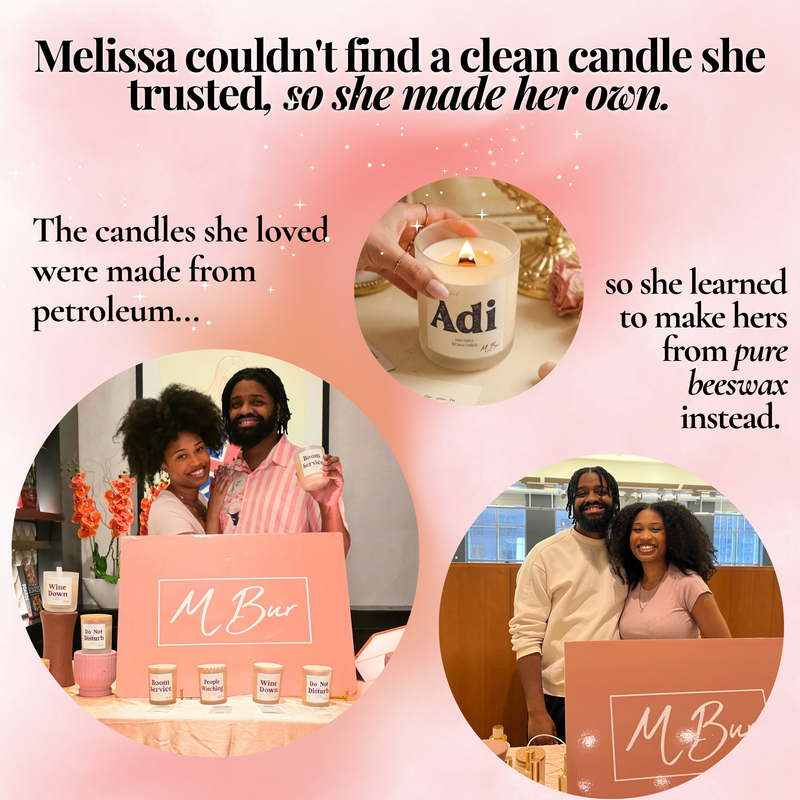 Founder story graphic showing lit Adi beeswax candle and makers