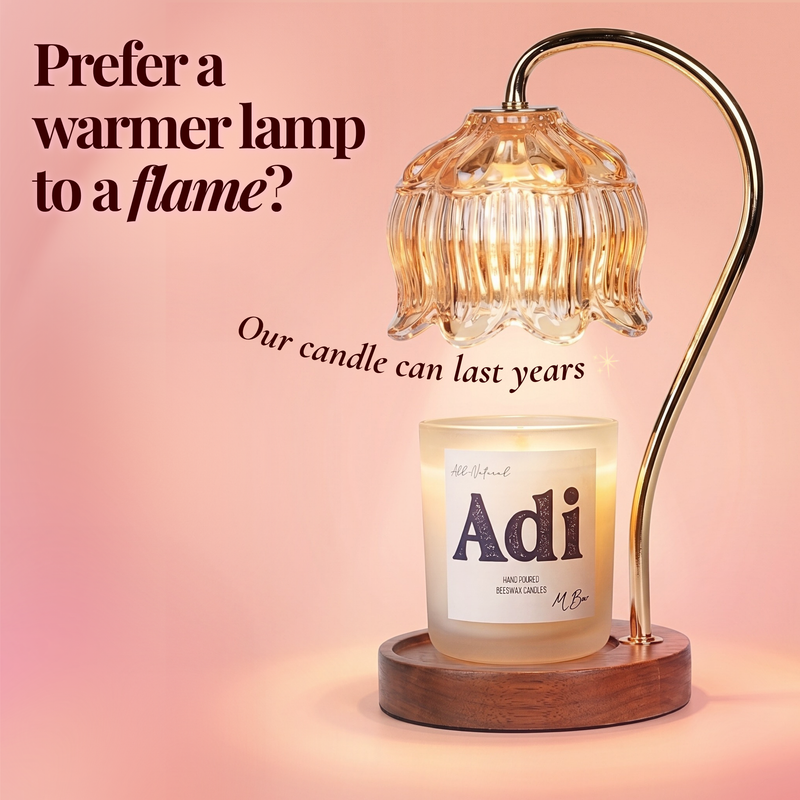 Adi beeswax candle under floral glass warmer lamp on wood base