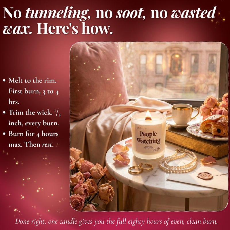 Infographic on burning beeswax candle right to avoid tunneling and soot