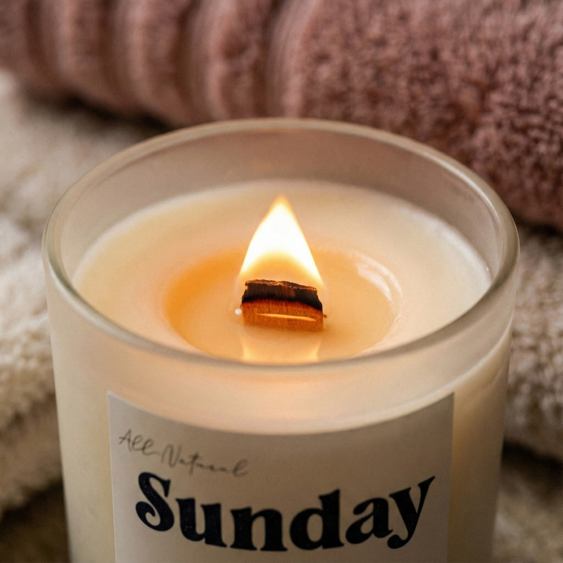 Lit cream Sunday Reset beeswax candle with wooden wick and flame
