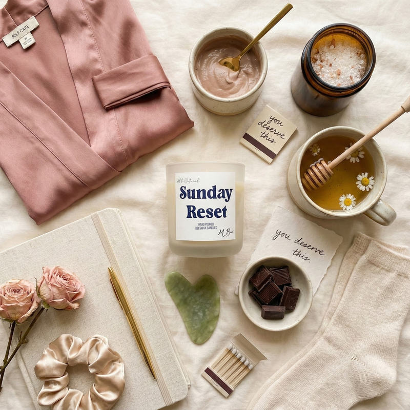 Sunday Reset beeswax candle in self-care flatlay with tea and chocolate