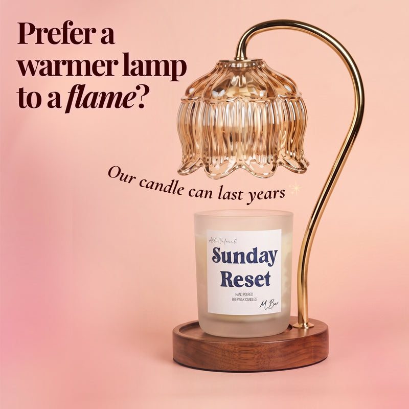 Sunday Reset beeswax candle under floral glass warmer lamp
