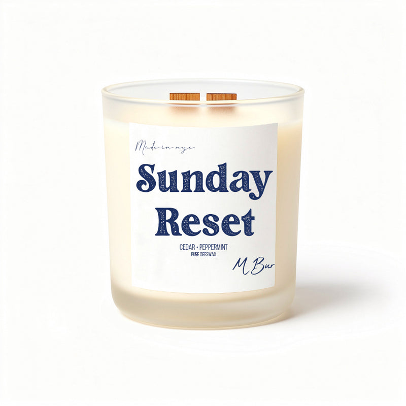 Sunday Reset beeswax candle with wooden wicks in frosted glass