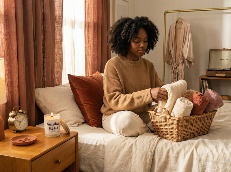 Lit Sunday Reset beeswax candle on nightstand in cozy bedroom