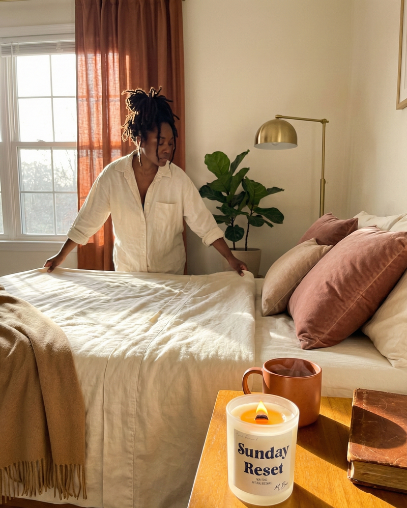 Lit Sunday Reset beeswax candle with wooden wick on bedside table