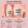 Touch Grass beeswax candle size guide infographic two sizes