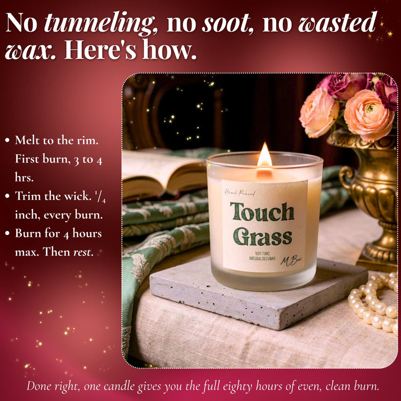 Infographic on burning Touch Grass beeswax candle without tunneling or soot