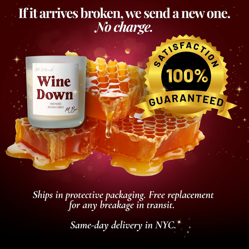 Wine Down beeswax candle on honeycomb with satisfaction guarantee graphic