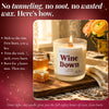 Lit Wine Down beeswax candle with honeycomb and flowers, burn tips infographic