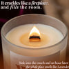 Lit beeswax candle with crackling wooden wick and melted pool