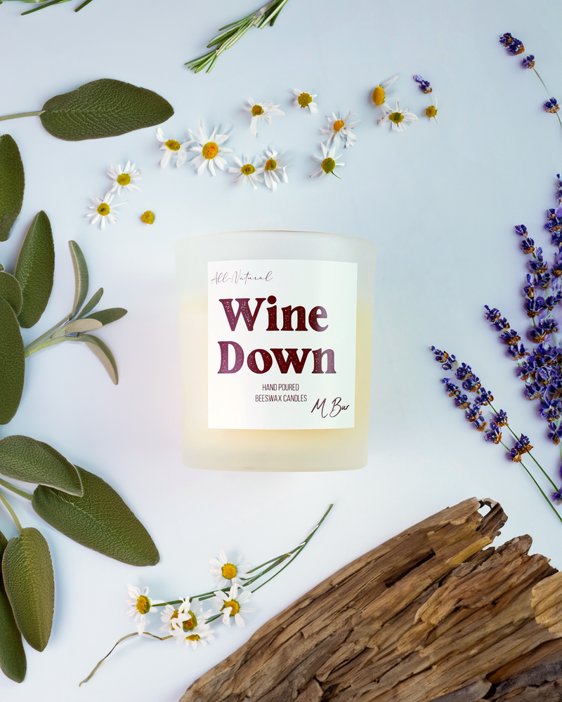Wine Down beeswax candle with lavender, chamomile and sage