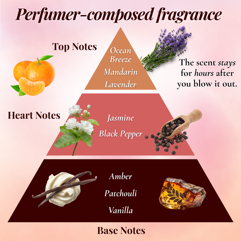 Perfumer-composed fragrance pyramid infographic with top, heart, and base notes