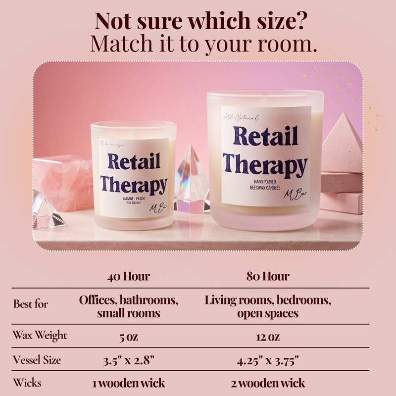 Retail Therapy beeswax candle size guide infographic with two frosted candles