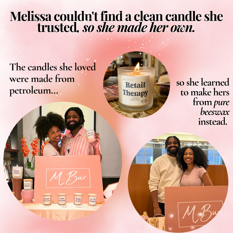 Melissa's beeswax candle brand story infographic with founders and lit candle