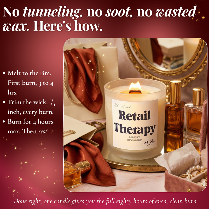 Lit Retail Therapy beeswax candle with wooden wick on vanity