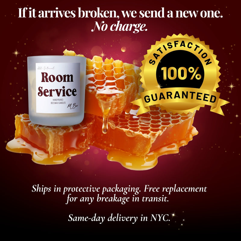 Room Service beeswax candle on honeycomb with satisfaction guarantee