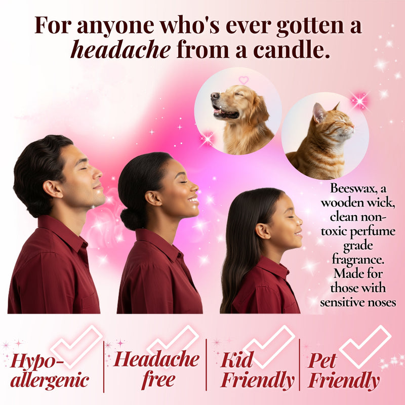 Infographic: headache-free hypoallergenic beeswax candle for sensitive noses, kids and pets