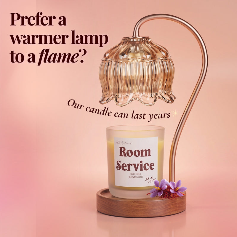Room Service beeswax candle under glass warmer lamp with saffron flowers