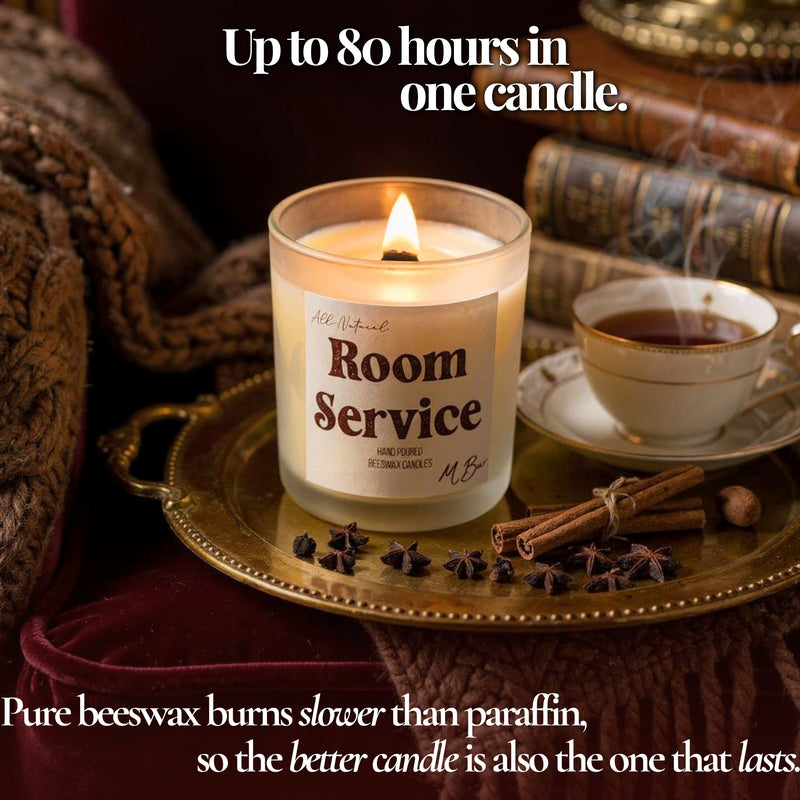 Lit Room Service beeswax candle on gold tray with tea and spices