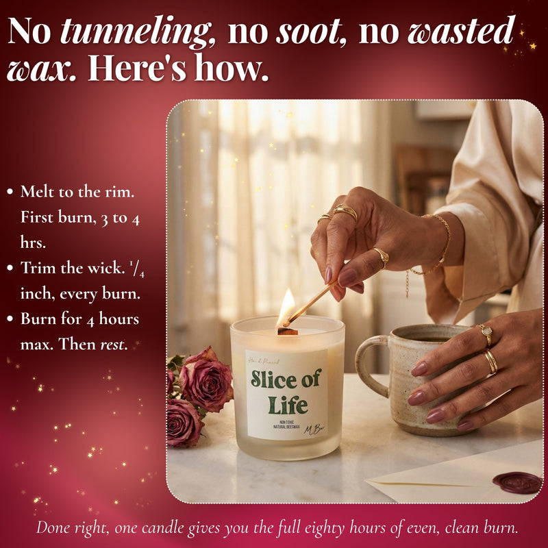 Infographic showing how to burn Slice of Life beeswax candle without tunneling