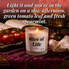 Lit Slice of Life beeswax candle beside fresh tomatoes