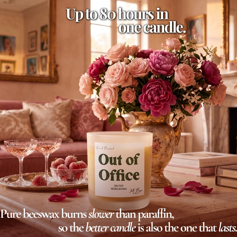 Out of Office beeswax candle with pink roses and rosé