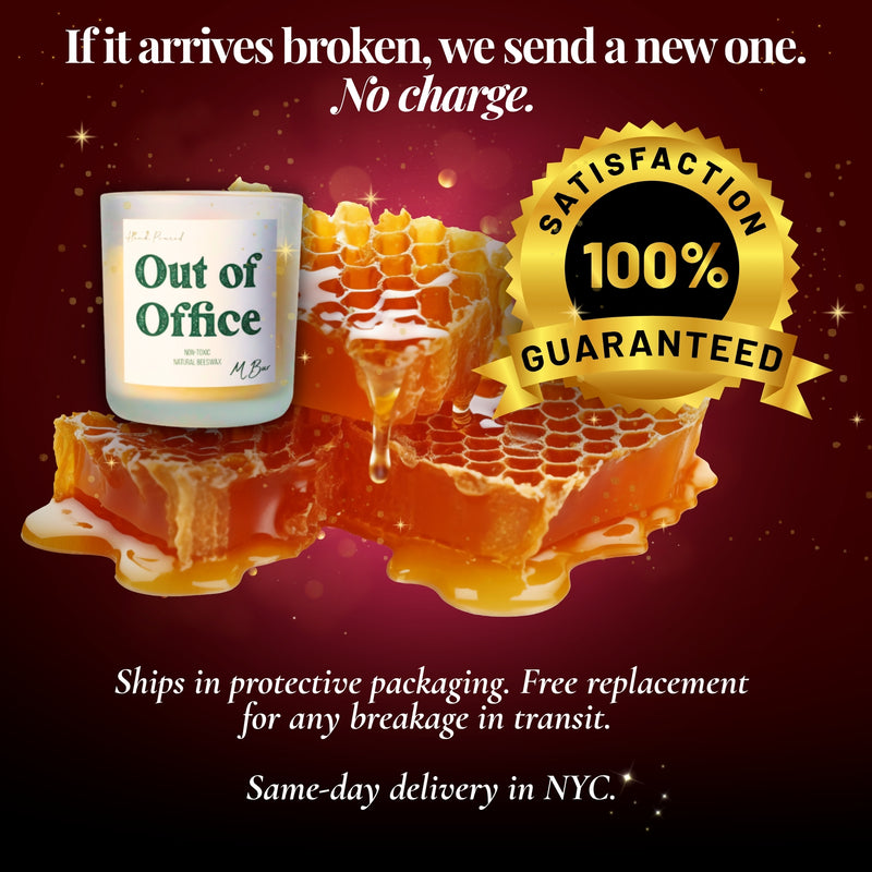 Out of Office beeswax candle with honeycomb and satisfaction guarantee badge