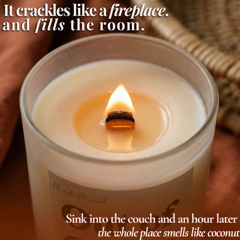 Lit beeswax candle with glowing wooden wick and melted pool