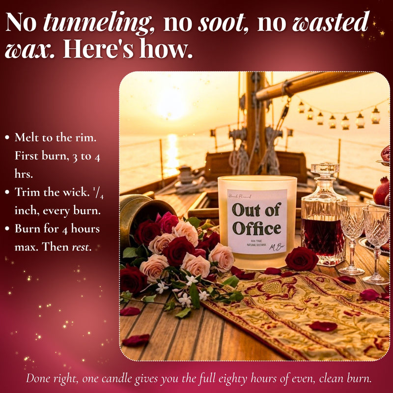 Out of Office beeswax candle with roses on sunset sailboat deck