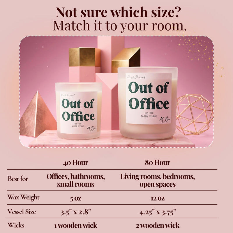Out of Office beeswax candle size comparison chart, 40 and 80 hour