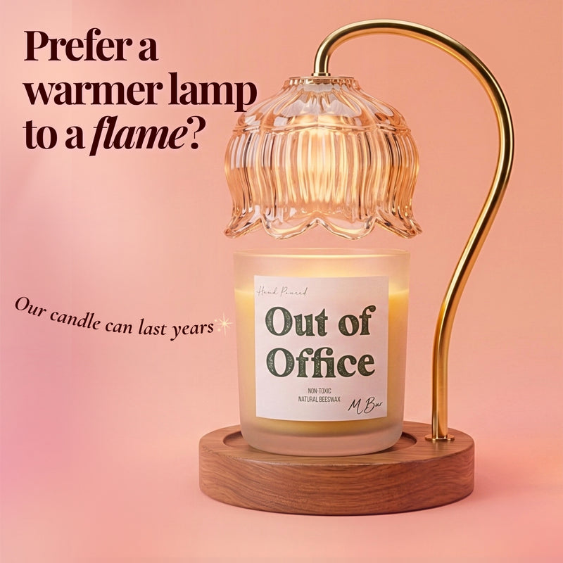 Out of Office beeswax candle under floral glass warmer lamp